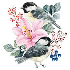 Two chickadee birds with large pink lily red berries and green leaves watercolor botanical floral illustration for nature decor