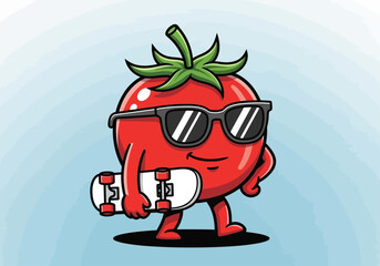 A cheerful, anthropomorphic tomato character wearing sunglasses and holding a skateboard.