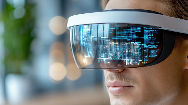 Augmented reality glasses display futuristic cityscape with vibrant digital elements