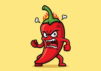 Cartoon illustration of an angry red chili pepper with steam coming off its head and fists clenched.