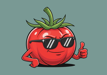Cartoon tomato character wearing sunglasses, giving a thumbs up, and looking confident.