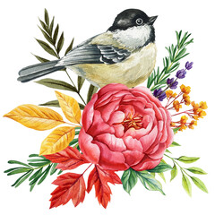 Bird with large pink peony lavender sprigs and colorful autumn leaves watercolor floral garden illustration. Hand draw Chickadee  © Hanna