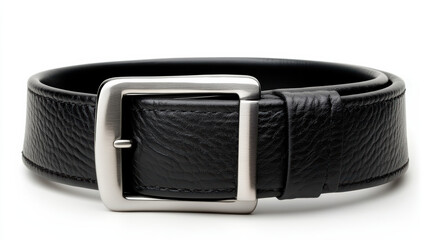 Black leather belt with silver buckle, showcasing elegance and style