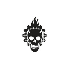 Black Silhouette of a Skull with Flames and Gear Elements on White Background skeleton death