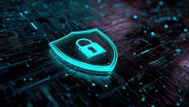 Cybersecurity shield graphic on circuit board. Abstract glowing teal shield with padlock icon, set against a dark, detailed circuit board pattern
