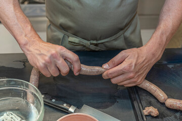 Preparation of pig intestines ready for stuffing organic sausages