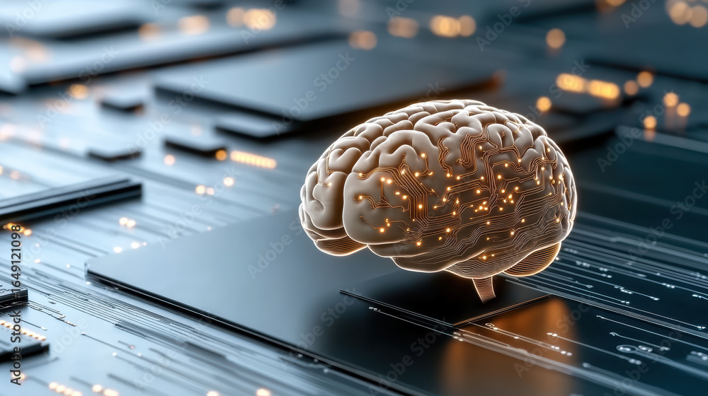 Poster futuristic brain with circuits symbolizes advanced technology and neural connections