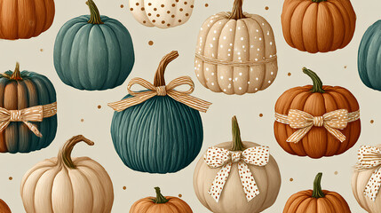 Seamless pattern with teal, beige and orange pumpkins with dots and bows. Vintage autumn background