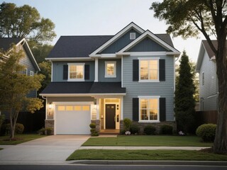 Two-story suburban home with gray siding, white trim, and a well-maintained front yard.