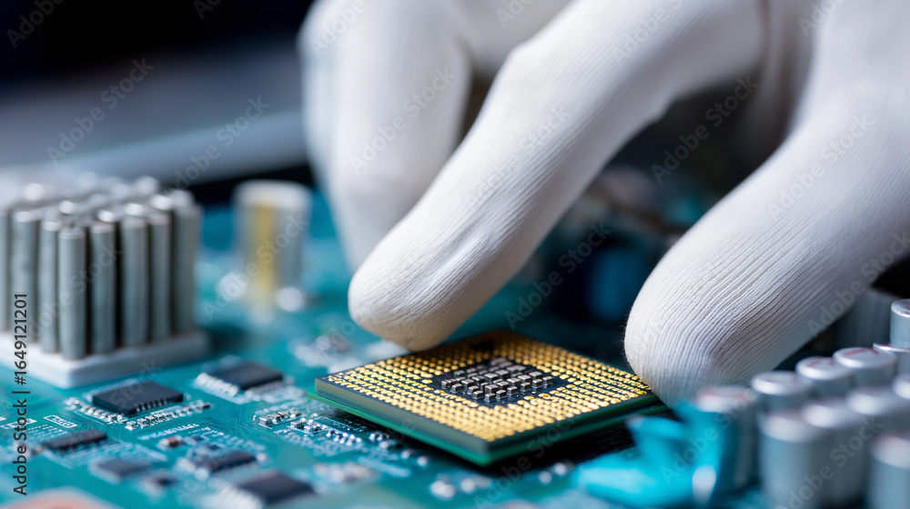 Poster technician in protective clothing assembling computer components in a cleanroom lab.