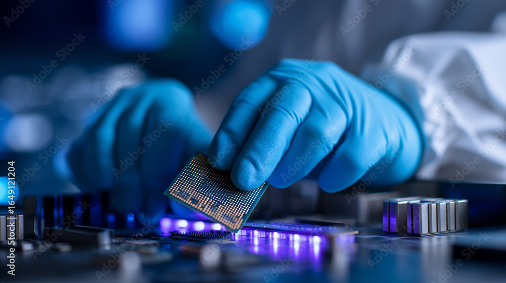 Poster technician in protective clothing assembling computer components in a cleanroom lab.