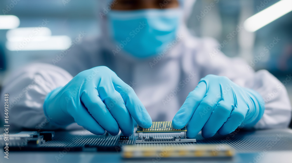 Poster technician in protective clothing assembling computer components in a cleanroom lab.