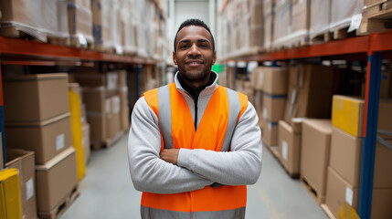 Smiling warehouse worker in a safety vest standing confidently among shelves with boxes.
