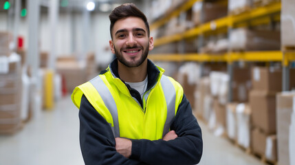 Smiling warehouse worker in a safety vest standing confidently among shelves with boxes.
