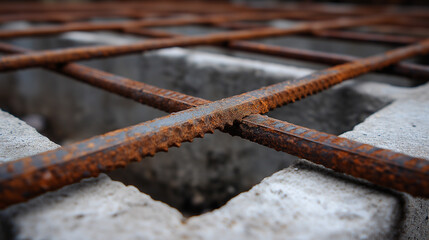Rusty steel rebar grid placed over concrete foundation at construction site.
