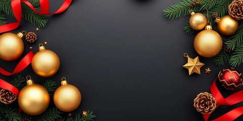 Modern Christmas flat lay  Gold ornaments, pine cones,  red ribbon on black background,  red ribbon,  winter background