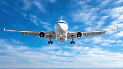 Naklejka premium Large aircraft flying against clear blue sky with scattered clouds, showcasing its impressive