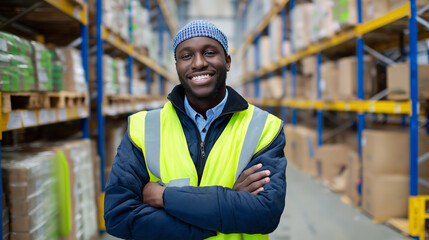 Smiling warehouse worker in a safety vest standing confidently among shelves with boxes.
