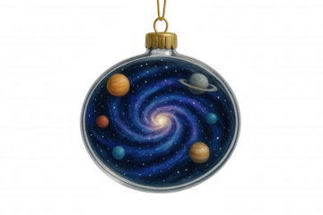 Glass christmas tree ball decoration containing planets orbiting a spiral galaxy, isolated on transparent background