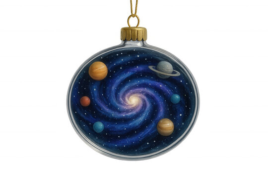 Glass christmas tree ball decoration containing planets orbiting a spiral galaxy, isolated on transparent background - Powered by Adobe