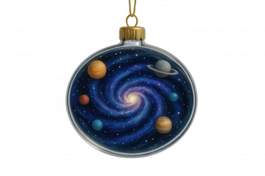 Glass christmas tree ball decoration containing planets orbiting a spiral galaxy, isolated on transparent background - Powered by Adobe