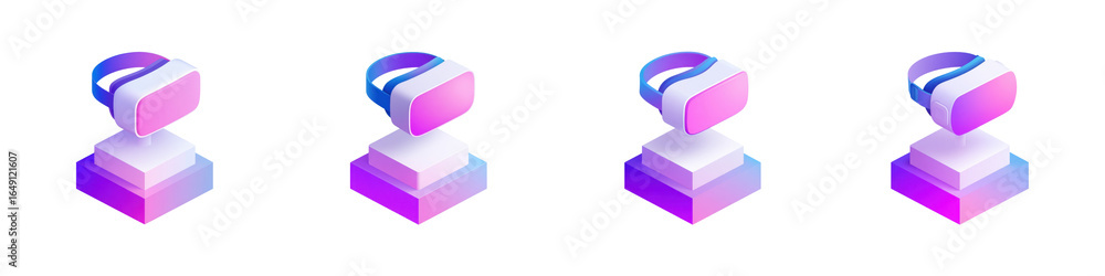 Poster four identical isometric 3d virtual reality headsets with gradient colors displayed on tiered pedest