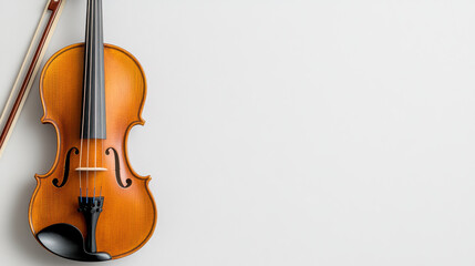 Fototapeta premium Classic violin resting with bow beside light background, showcasing elegance and craftsmanship