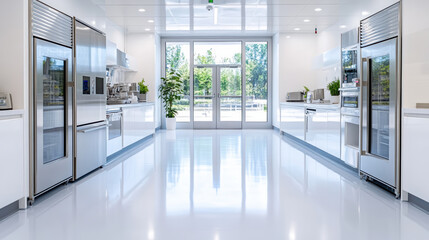 Fototapeta premium Clean, modern kitchen with stainless steel appliances and bright lighting, showcasing spacious