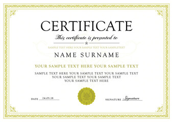 Certificate, Diploma of completion (design template, white background) with Frame, Border, light Guilloche pattern (green)