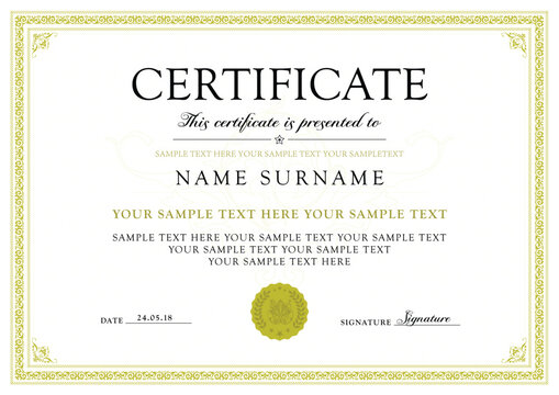 Certificate, Diploma of completion (design template, white background) with Frame, Border, light Guilloche pattern (green)