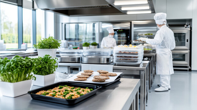 Clean kitchen with chefs preparing meals, showcasing fresh ingredients and organized workspace