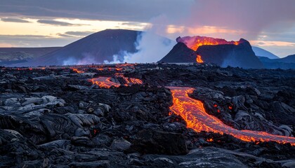 Mountain landscape with fire and sunset over peaks