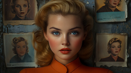 Captivating blonde woman with striking blue eyes and orange top, surrounded by array of vintage female portraits, evoking timeless blend of beauty and nostalgic heritage on textured wall