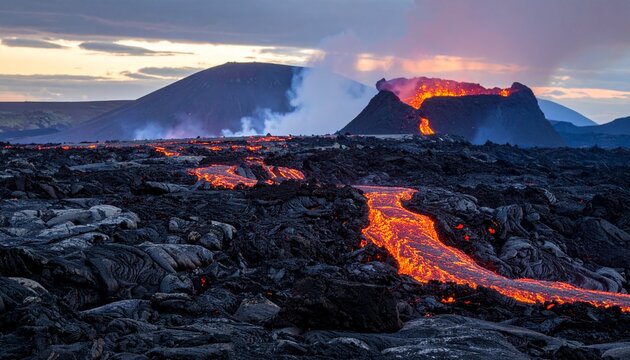 Mountain landscape with fire and sunset over peaks - Powered by Adobe