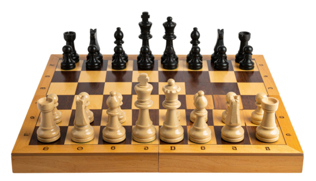 Front View of Full Chess Set in Black and White, Isolated PNG