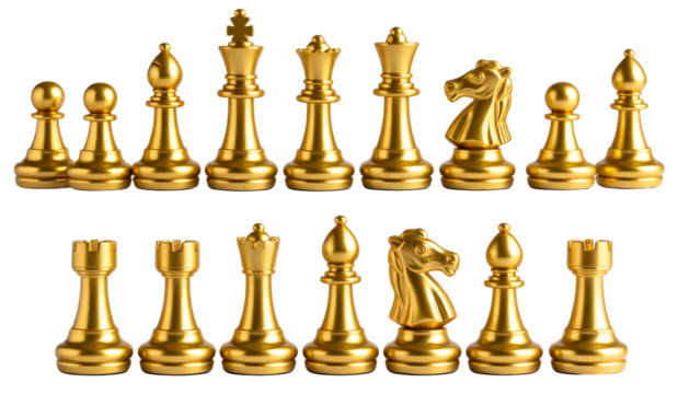 Angled Perspective of Golden Chess Pieces Set, Isolated PNG - Powered by Adobe