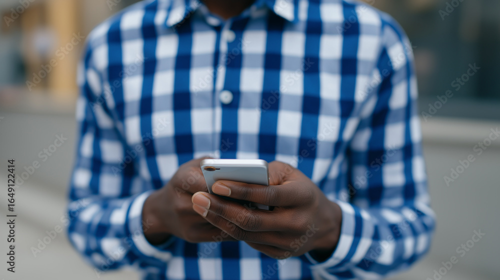 Poster person using smartphone and typing on screen with both hands.
