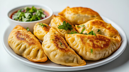 Delicious cooked dumplings arranged in half circle, served with fresh herbs and sauce