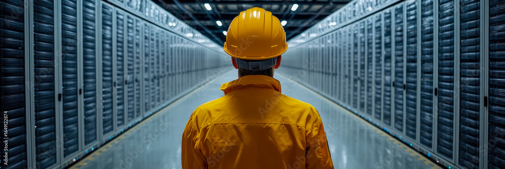 Poster professional it technician wearing yellow hard hat walks through vast, modern data center filled wit