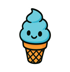 Cute cartoon ice cream cone doodle with a happy face and blue ice cream scoop. Fun and colorful vector art perfect for summer designs, stickers, party invitations, or kids’ illustrations.
