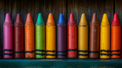 Vibrant and nostalgic lineup of well-loved, worn wax crayons in spectrum of colors, standing against rustic wooden backdrop, evoking childhood artistry and creative memories