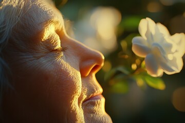 Close-up of a person smelling a flower in the sunlight.