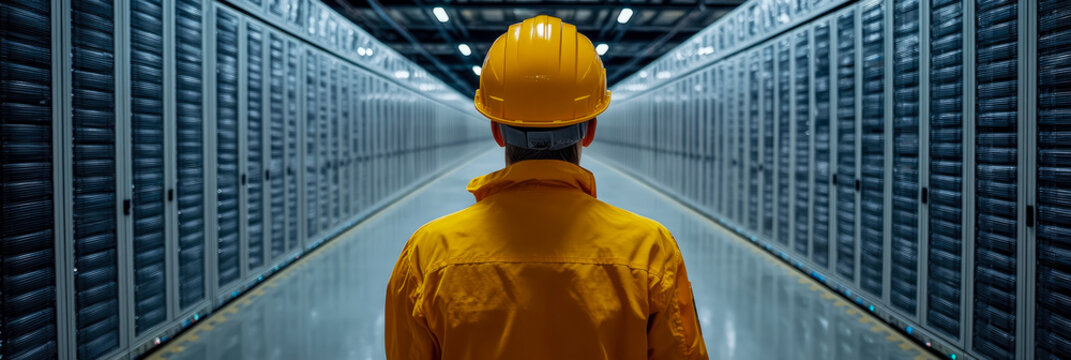 Professional IT technician wearing yellow hard hat walks through vast, modern data center filled with rows of gleaming server racks, symbolizing digital infrastructure management and operational contr