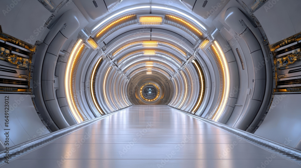 Poster futuristic tunnel with illuminated walls and sleek design, creating sense of depth