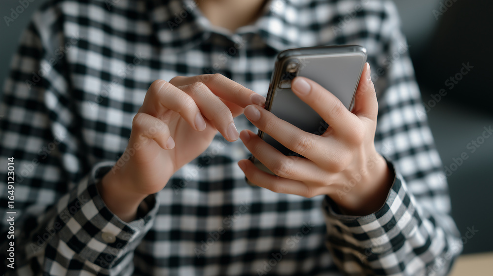 Poster person using smartphone and typing on screen with both hands.