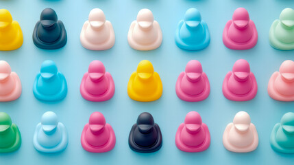 Vibrant, high-angle flat lay of numerous colorful rubber ducks arranged in neat rows and columns on bright blue background, showcasing diverse hues.