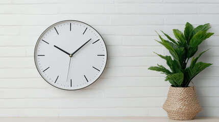 Modern wall clock with minimalist design and decorative plant