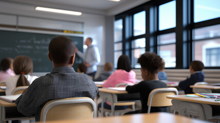 Fototapeta premium Students in school uniforms attending lesson with teacher at blackboard. 