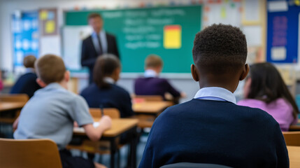 Students in school uniforms attending lesson with teacher at blackboard. 

