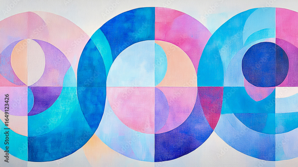 Poster Harmonious Abstract Composition of Interconnected Geometric Circles with Vibrant and Pastel Patterns on Canvas